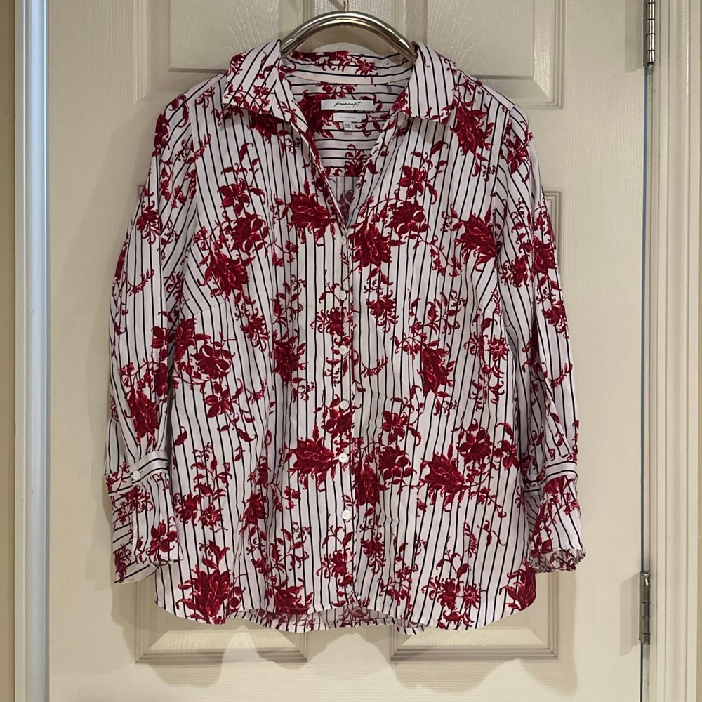 Foxcroft NYC Womens 14W Fitted Wrinkle Free Floral Stripe Button Down Shirt Red